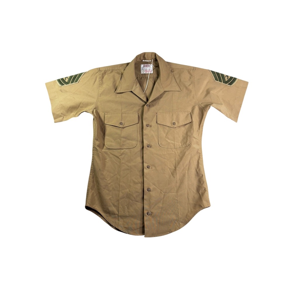 Vintage Creighton USMC Military Shirt Khaki Tan Staff Sergeant Patches USA Made